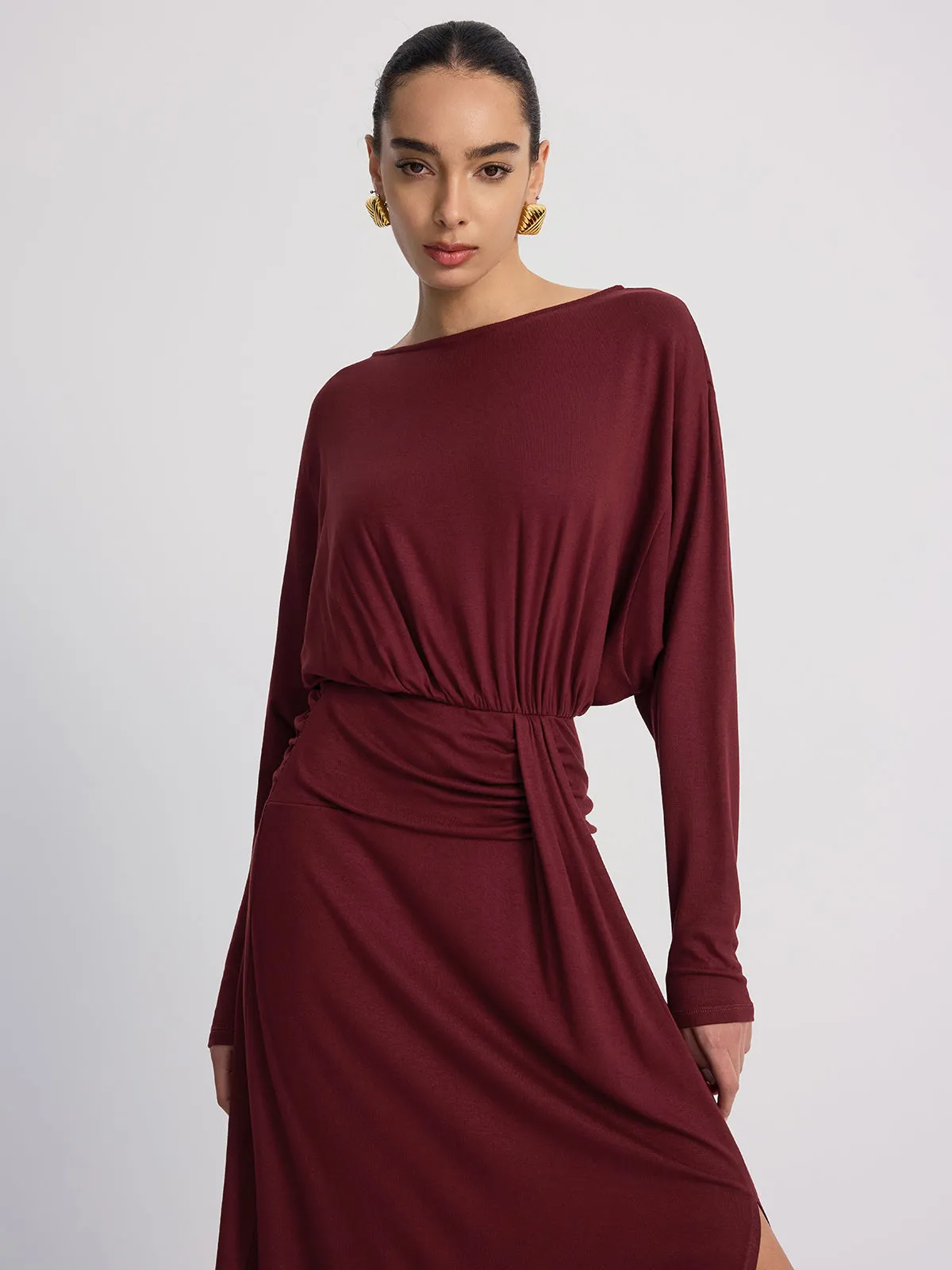 Long Sleeve Ruched Slit Maxi Dress sold by COMMENSE product image thumbnail 3