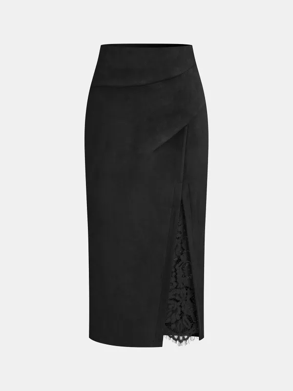 Suede Effect Lace-Slit Midi Skirt sold by COMMENSE