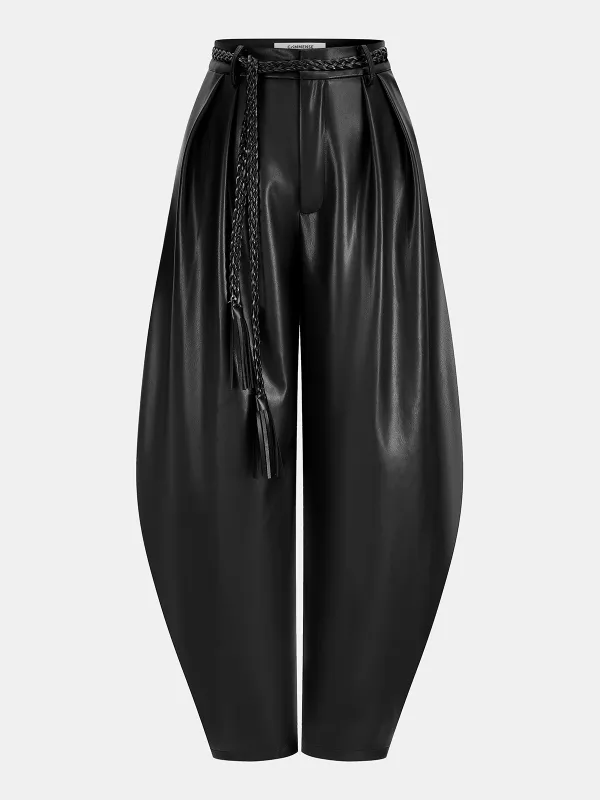 Faux Leather Balloon Pants with Braided Belt sold by COMMENSE
