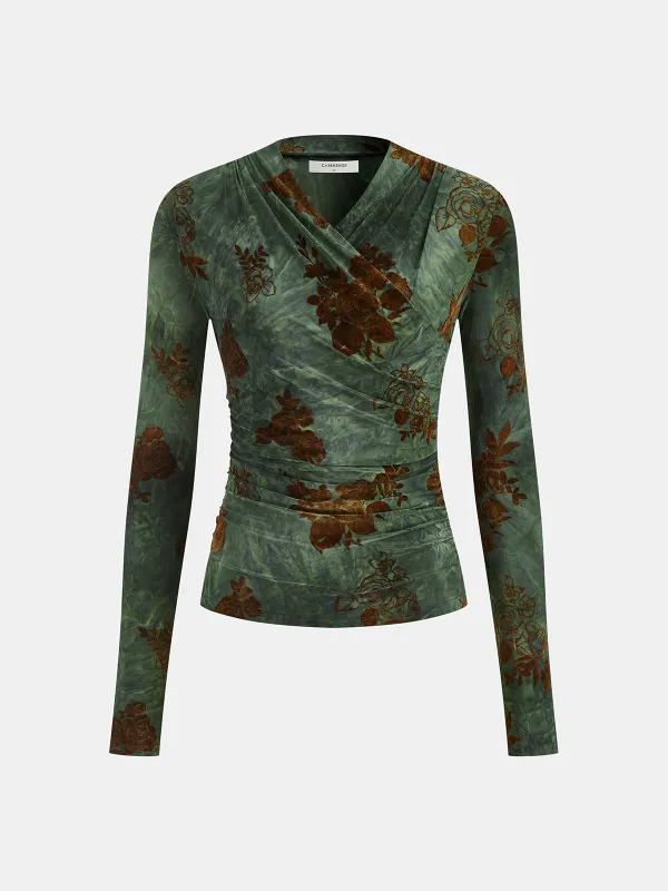 Velvet-Floral Ruched Long-Sleeve Top sold by COMMENSE