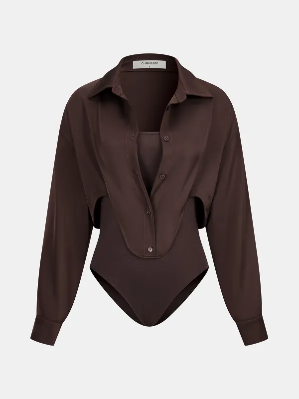 2 in 1 Satin Shirt Panel Bodysuit sold by COMMENSE
