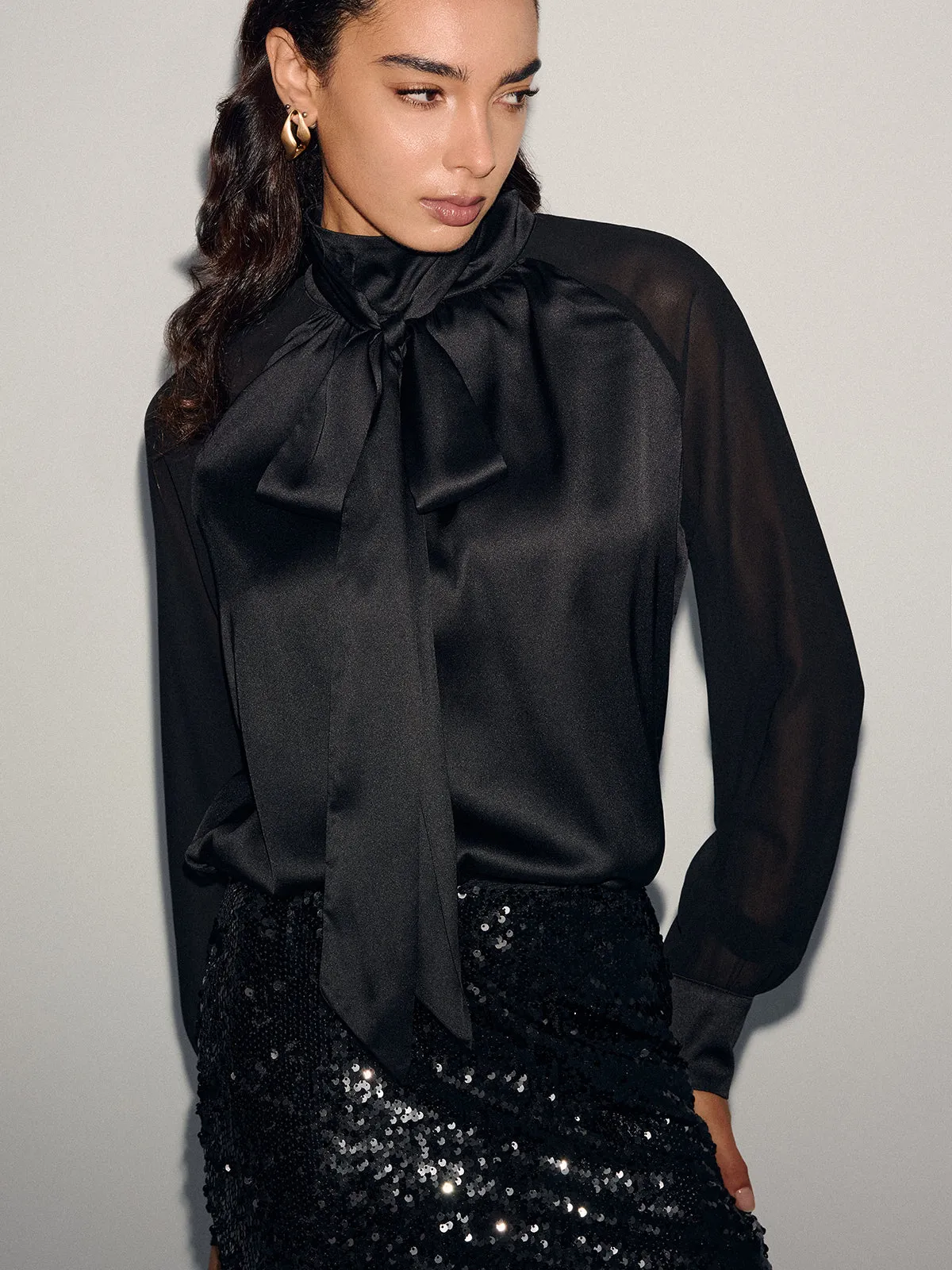Satin Bow-Tie Sheer-Sleeve Blouse sold by COMMENSE product image thumbnail 5