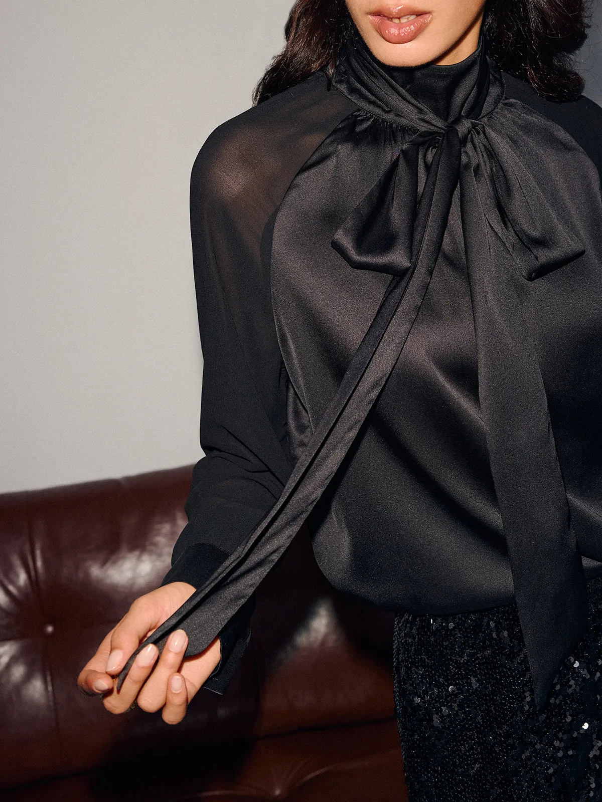 Satin Bow-Tie Sheer-Sleeve Blouse sold by COMMENSE product image thumbnail 2