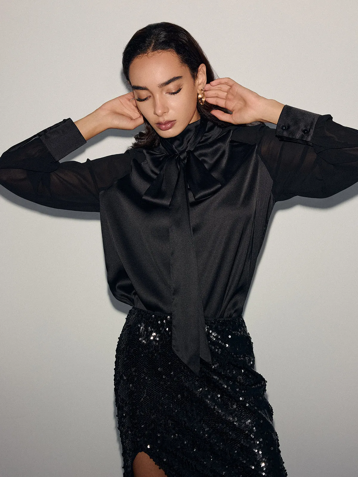 Satin Bow-Tie Sheer-Sleeve Blouse sold by COMMENSE product image thumbnail 3