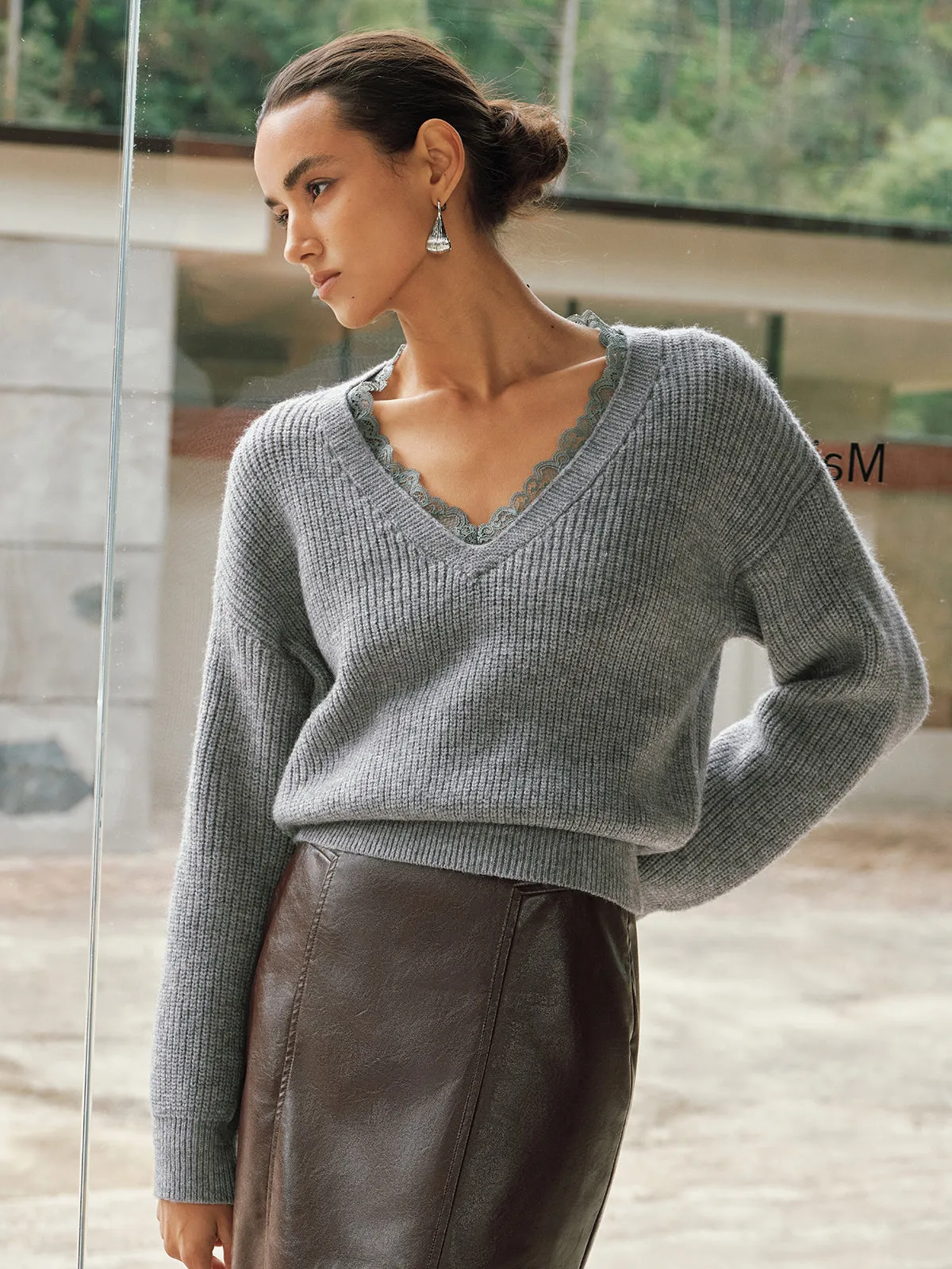 V-Neck Lace-Trim Knit Sweater sold by COMMENSE product image thumbnail 2