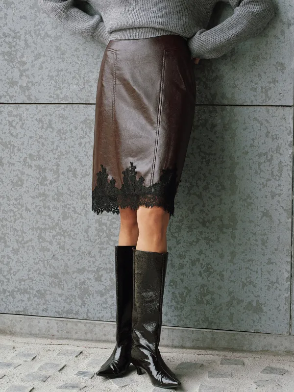 Faux Leather Lace Trim Midi Skirt sold by COMMENSE