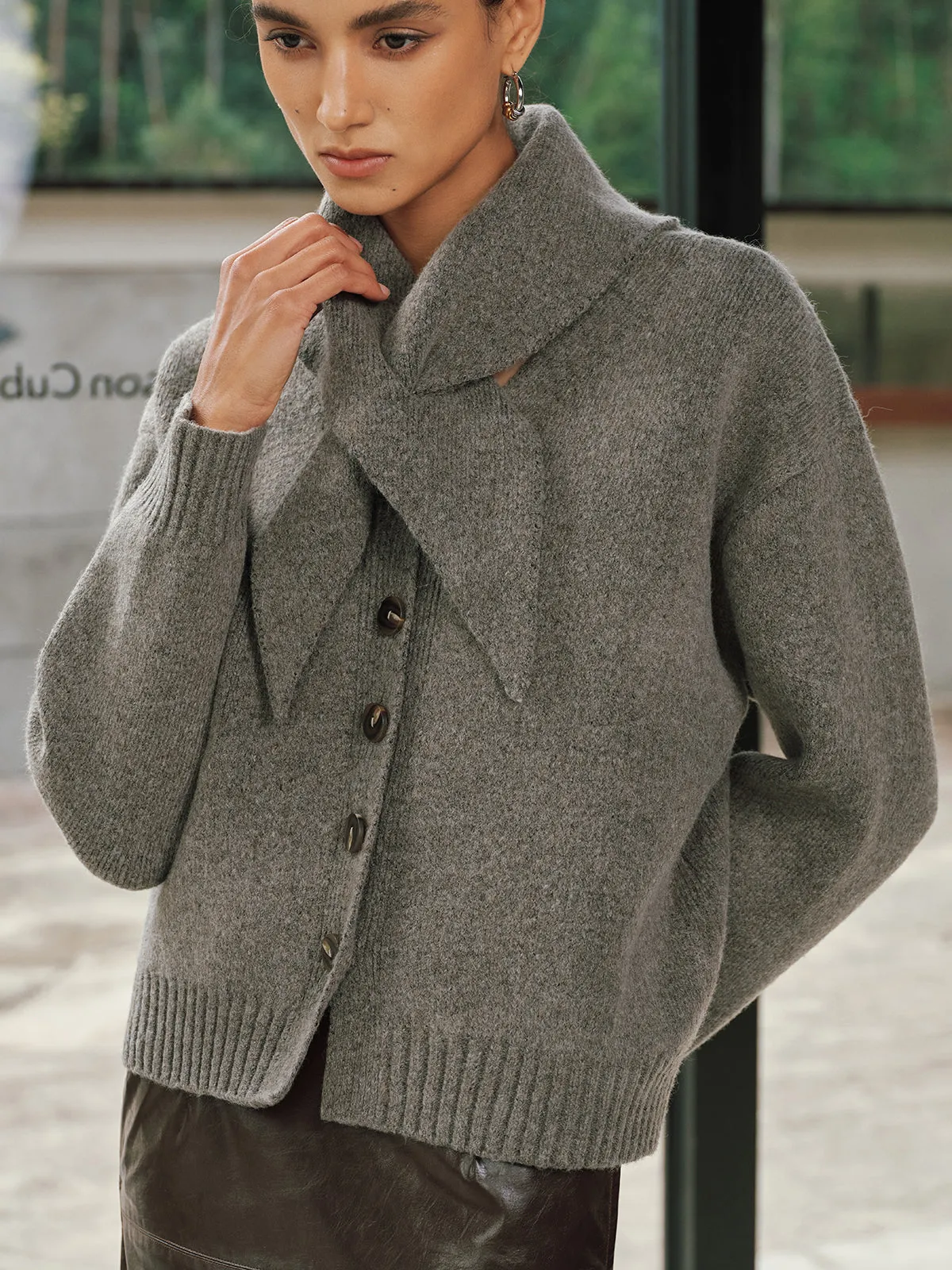 Button-Front Knit Cardigan with Scarf sold by COMMENSE product image thumbnail 4