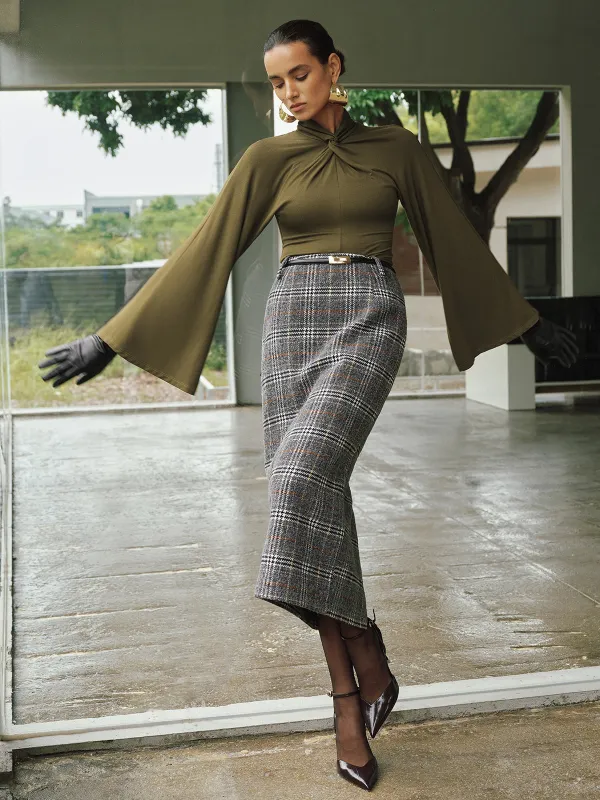 Belted Tweed Plaid Midi Skirt sold by COMMENSE