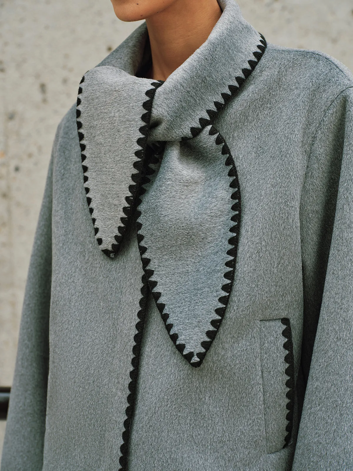 Tweed Contrast-Trim Knot-Collar Coat sold by COMMENSE product image thumbnail 4