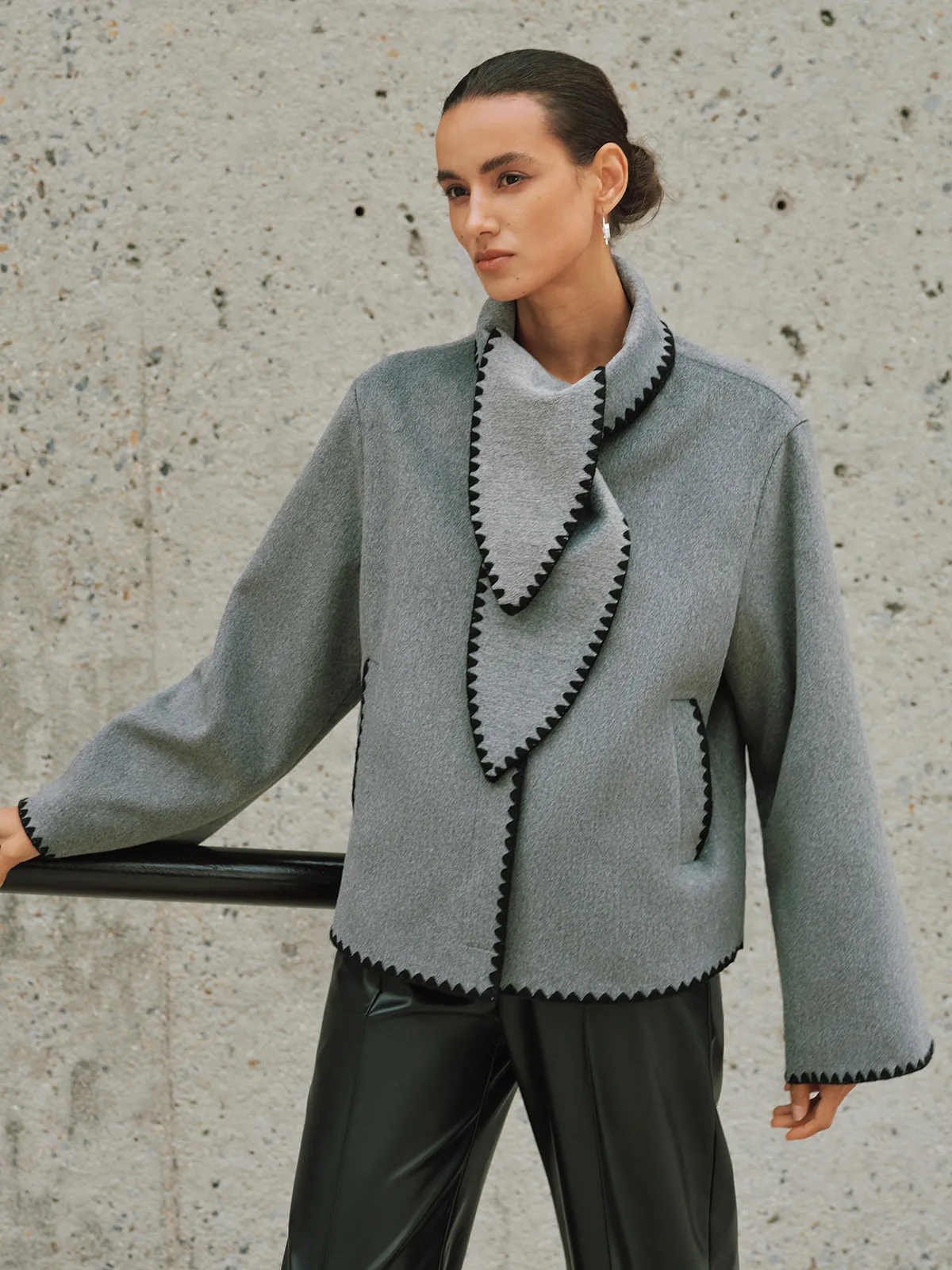 Tweed Contrast-Trim Knot-Collar Coat sold by COMMENSE product image thumbnail 3