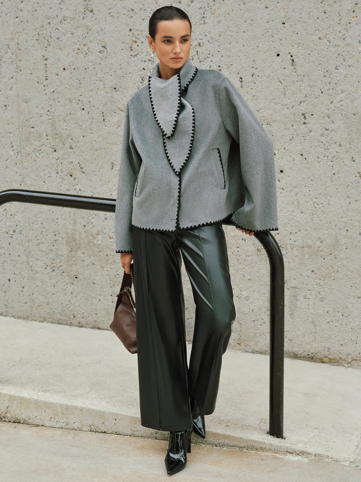 Tweed Contrast-Trim Knot-Collar Coat sold by COMMENSE product image thumbnail 2