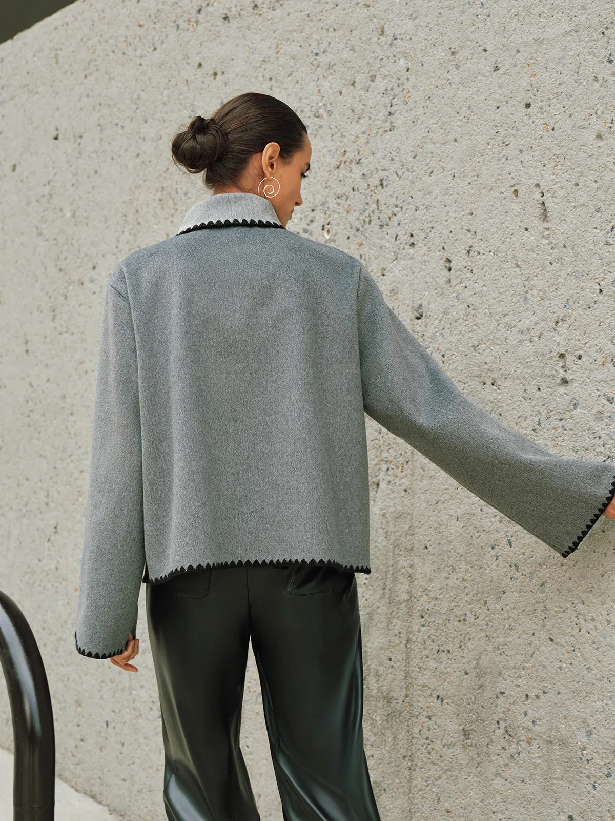 Tweed Contrast-Trim Knot-Collar Coat sold by COMMENSE product image thumbnail 5