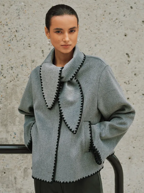 Tweed Contrast-Trim Knot-Collar Coat sold by COMMENSE