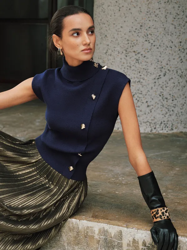 Metal Detail Turtleneck Sleeveless Knit Vest sold by COMMENSE