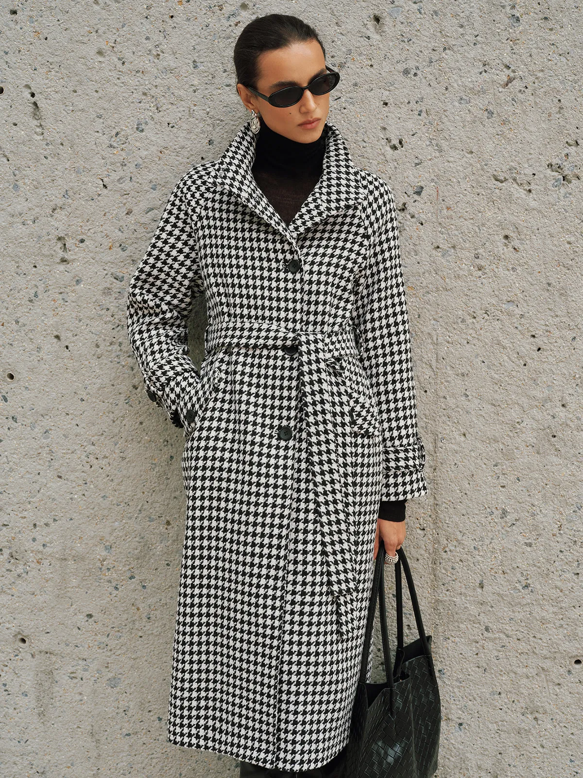 Belted Tweed Houndstooth Long Trench Coat sold by COMMENSE product image thumbnail 2