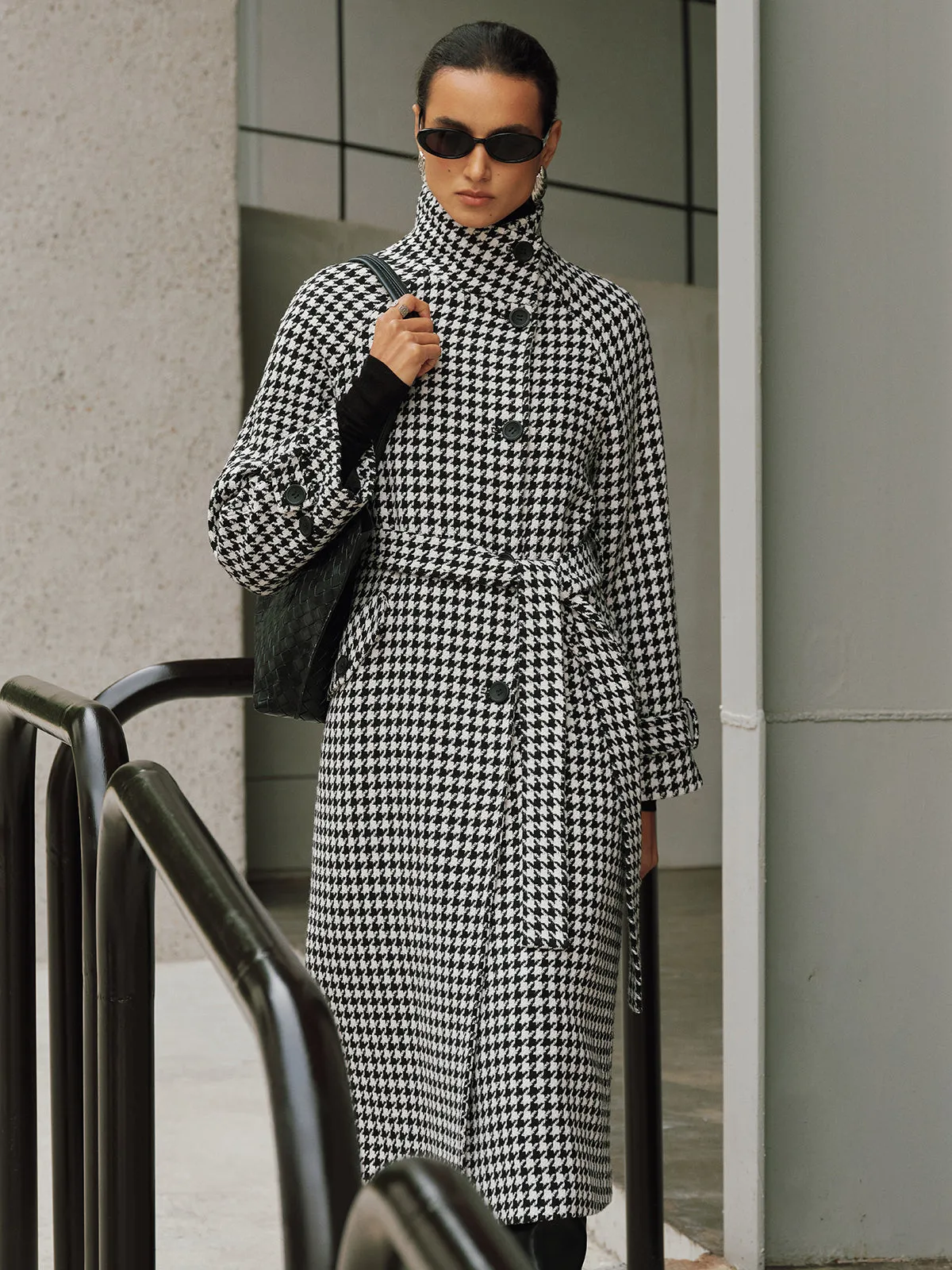 Belted Tweed Houndstooth Long Trench Coat sold by COMMENSE product image thumbnail 4