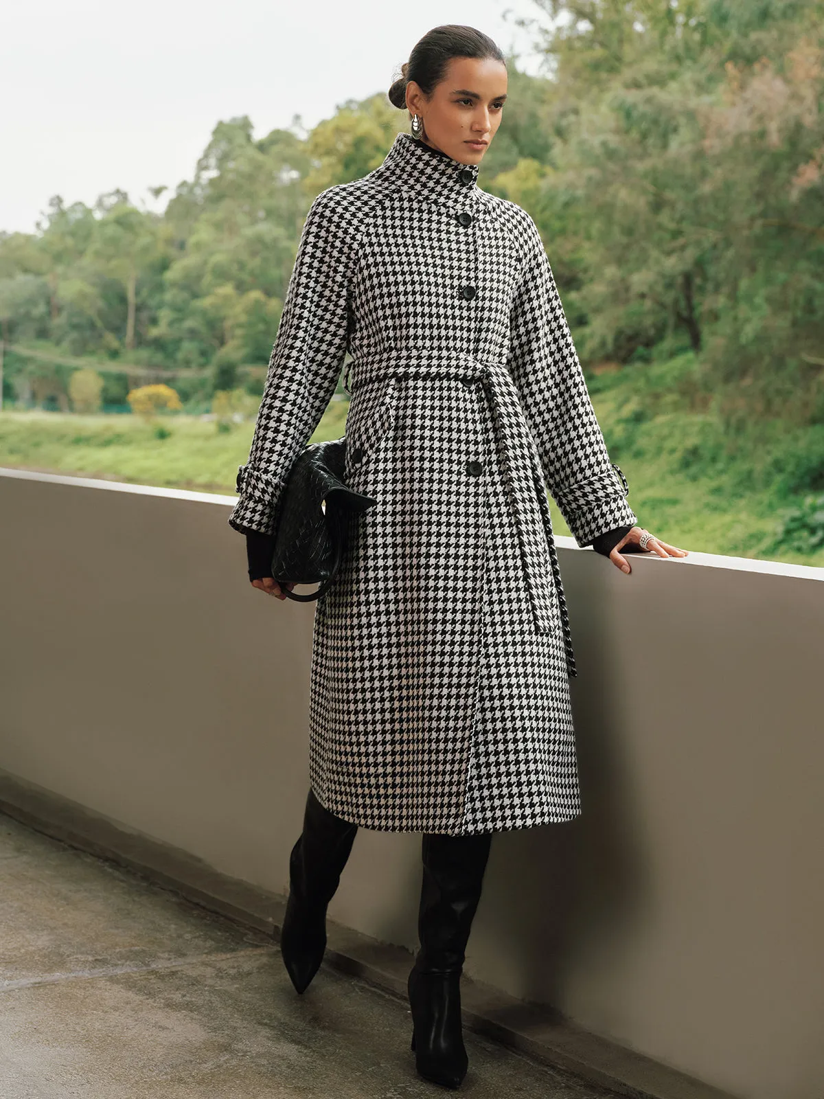Belted Tweed Houndstooth Long Trench Coat sold by COMMENSE