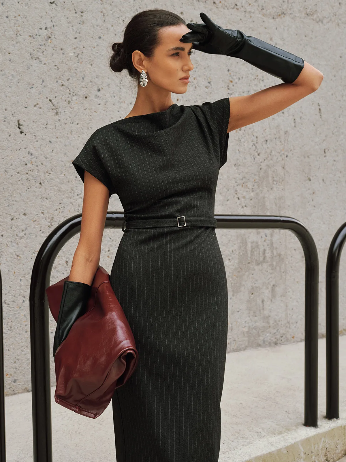 Pinstripe Cap-Sleeve Belted Maxi Dress sold by COMMENSE product image thumbnail 3