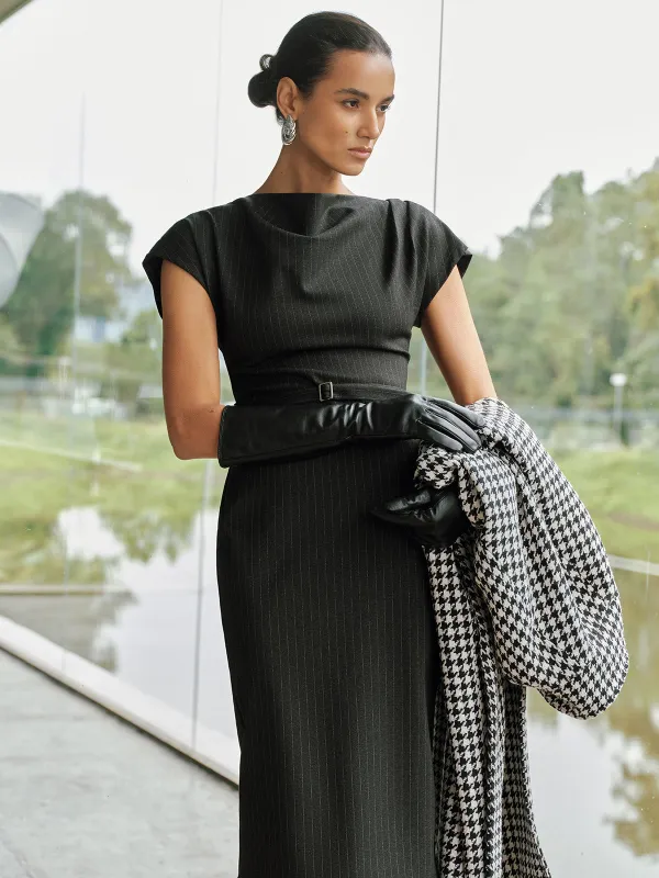 Pinstripe Cap-Sleeve Belted Maxi Dress sold by COMMENSE