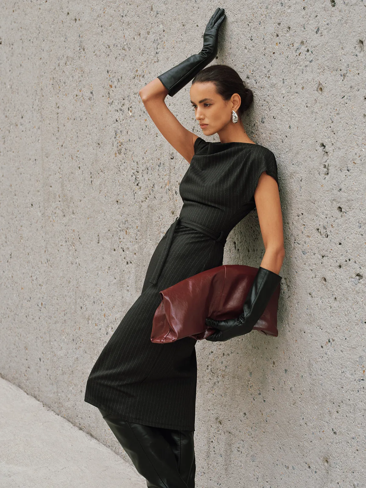 Pinstripe Cap-Sleeve Belted Maxi Dress sold by COMMENSE product image thumbnail 5