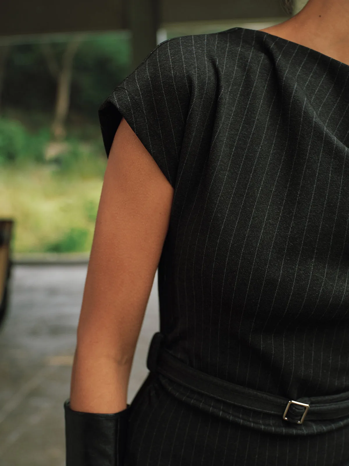 Pinstripe Cap-Sleeve Belted Maxi Dress sold by COMMENSE product image thumbnail 2