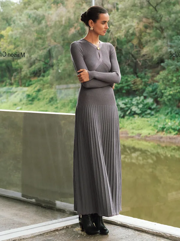 Textured Keyhole Neck Metal Detail Maxi Dress sold by COMMENSE