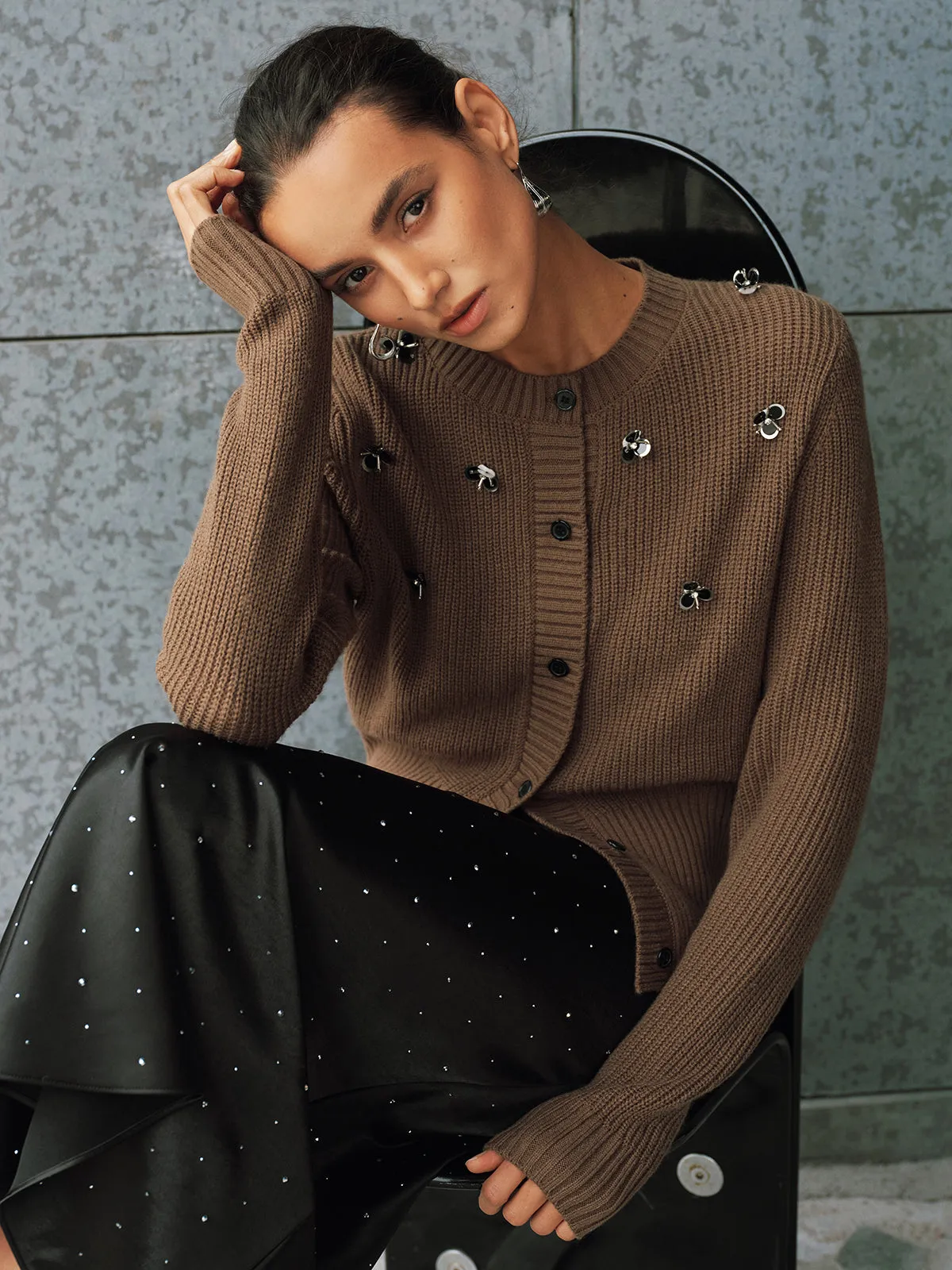 Embellished Button-Front Knit Cardigan sold by COMMENSE