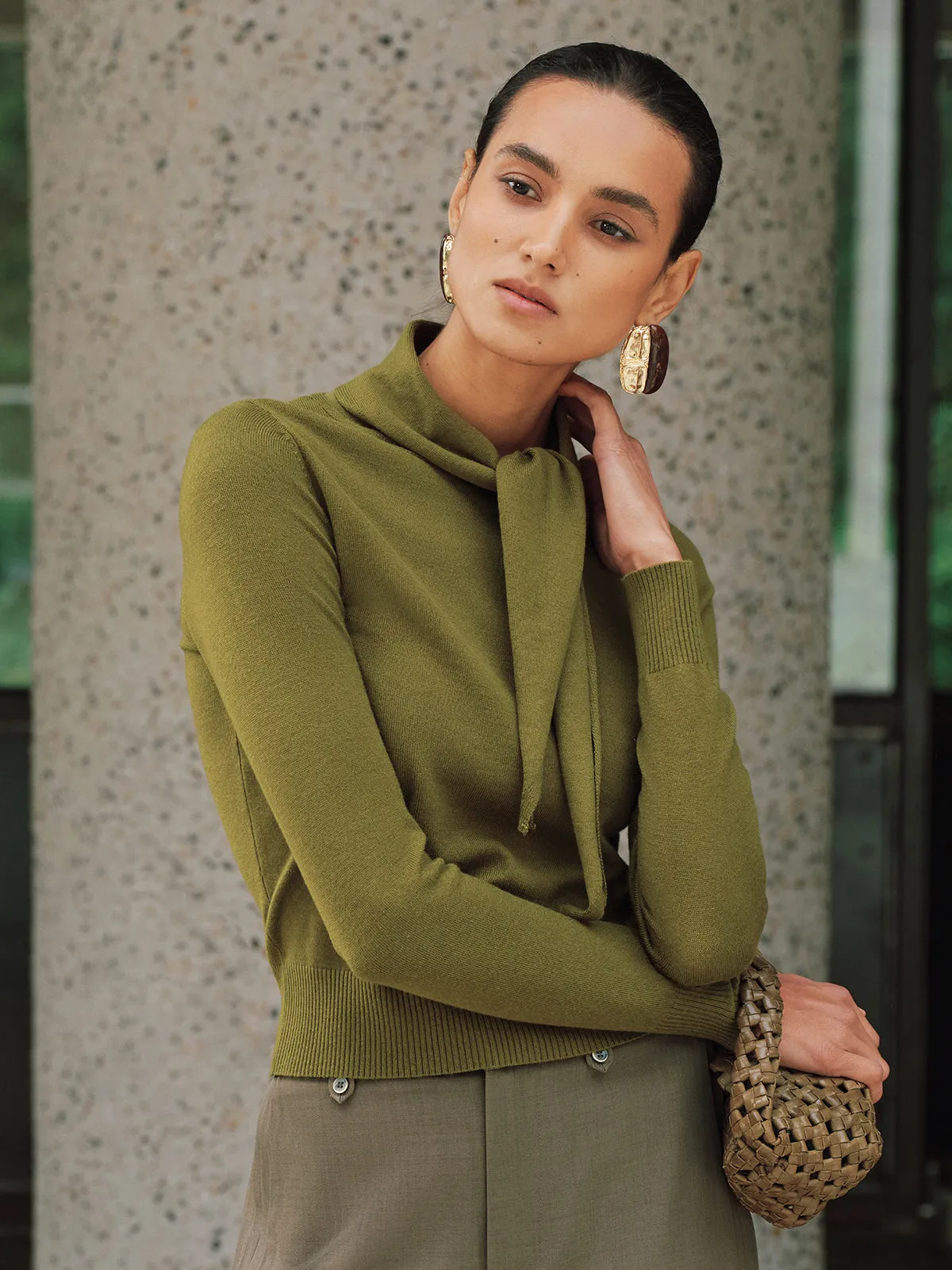 Wool-Blend Tie-Neck Fitted Knit Top sold by COMMENSE product image thumbnail 3