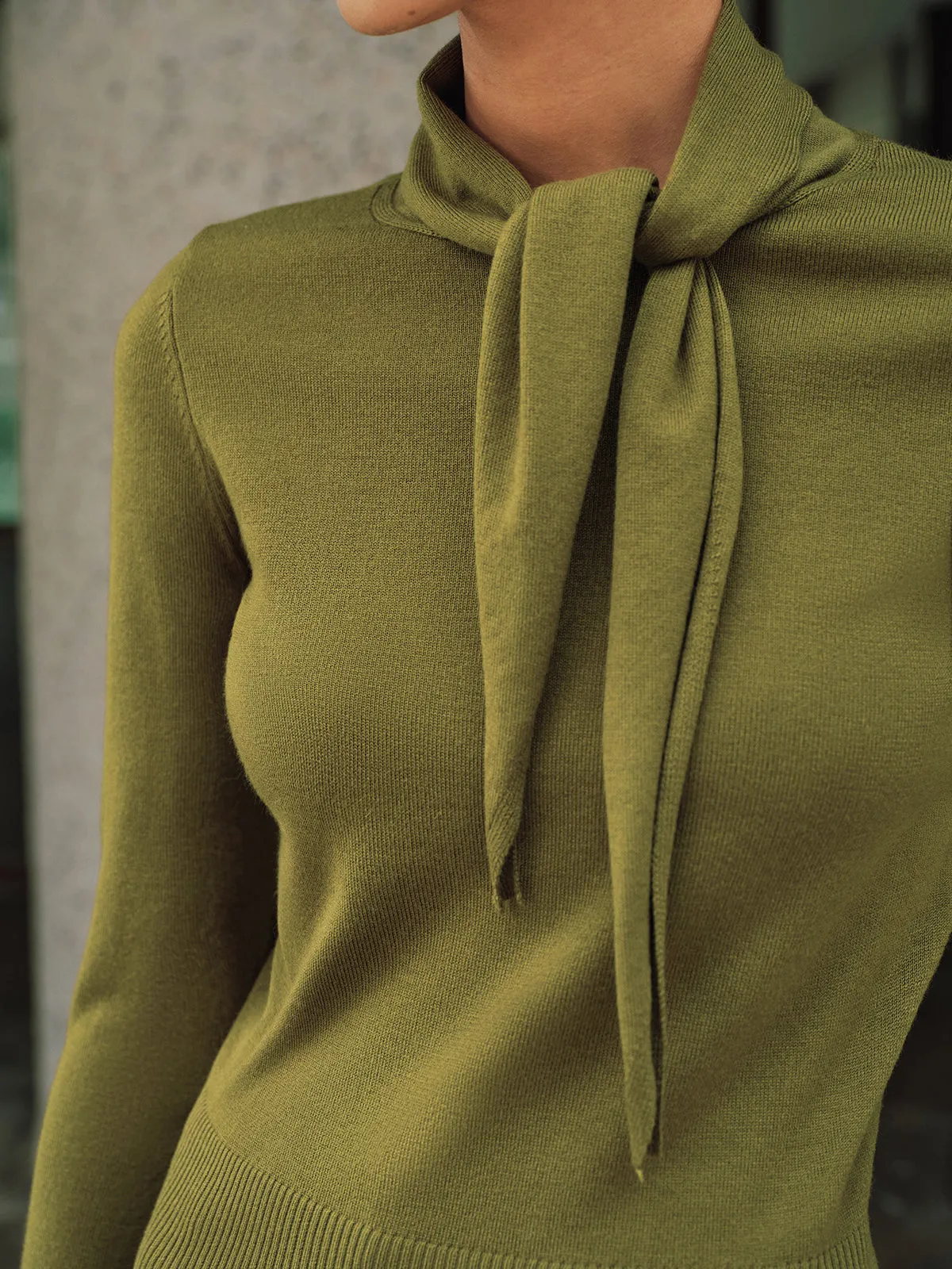 Wool-Blend Tie-Neck Fitted Knit Top sold by COMMENSE product image thumbnail 4