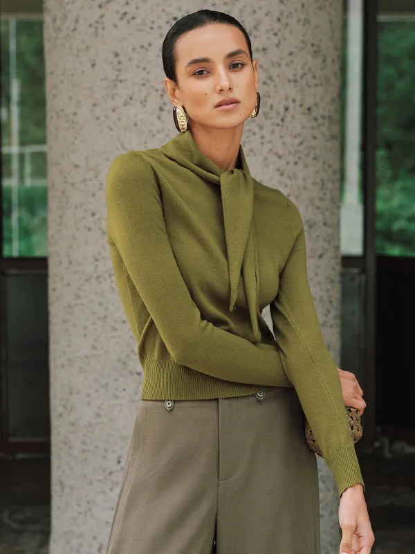 Wool-Blend Tie-Neck Fitted Knit Top sold by COMMENSE