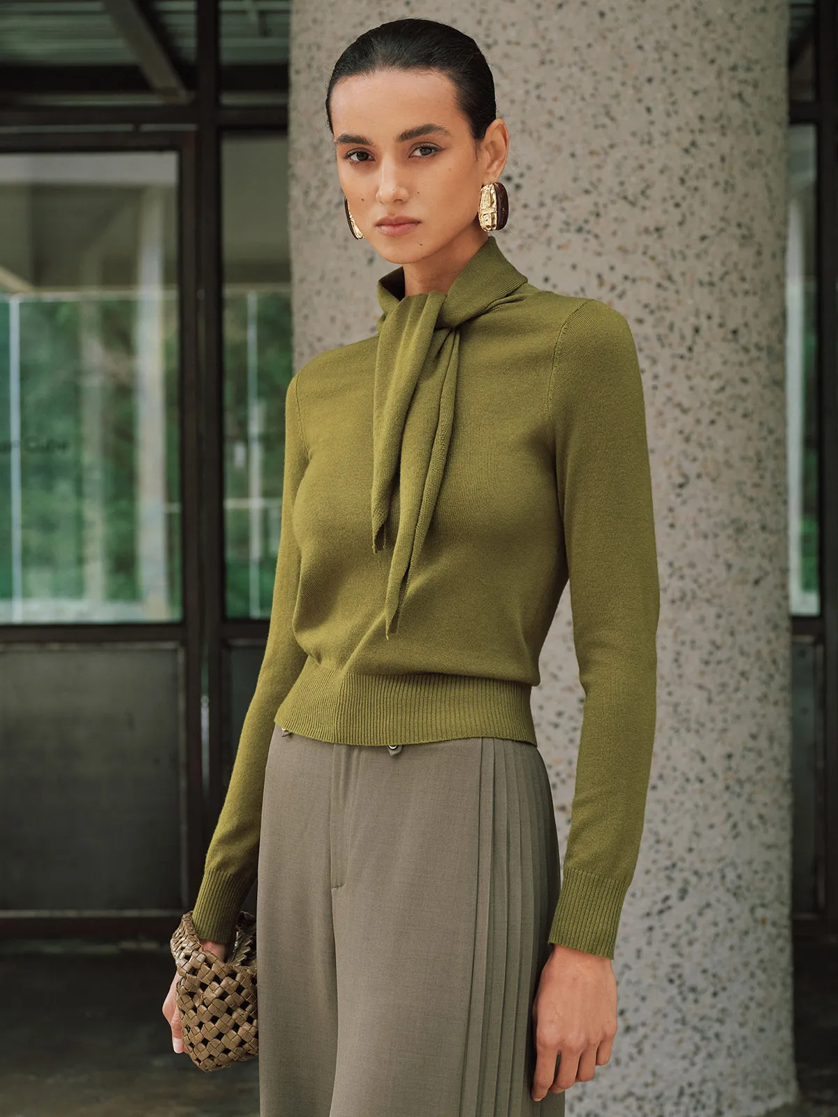 Wool-Blend Tie-Neck Fitted Knit Top sold by COMMENSE product image thumbnail 5