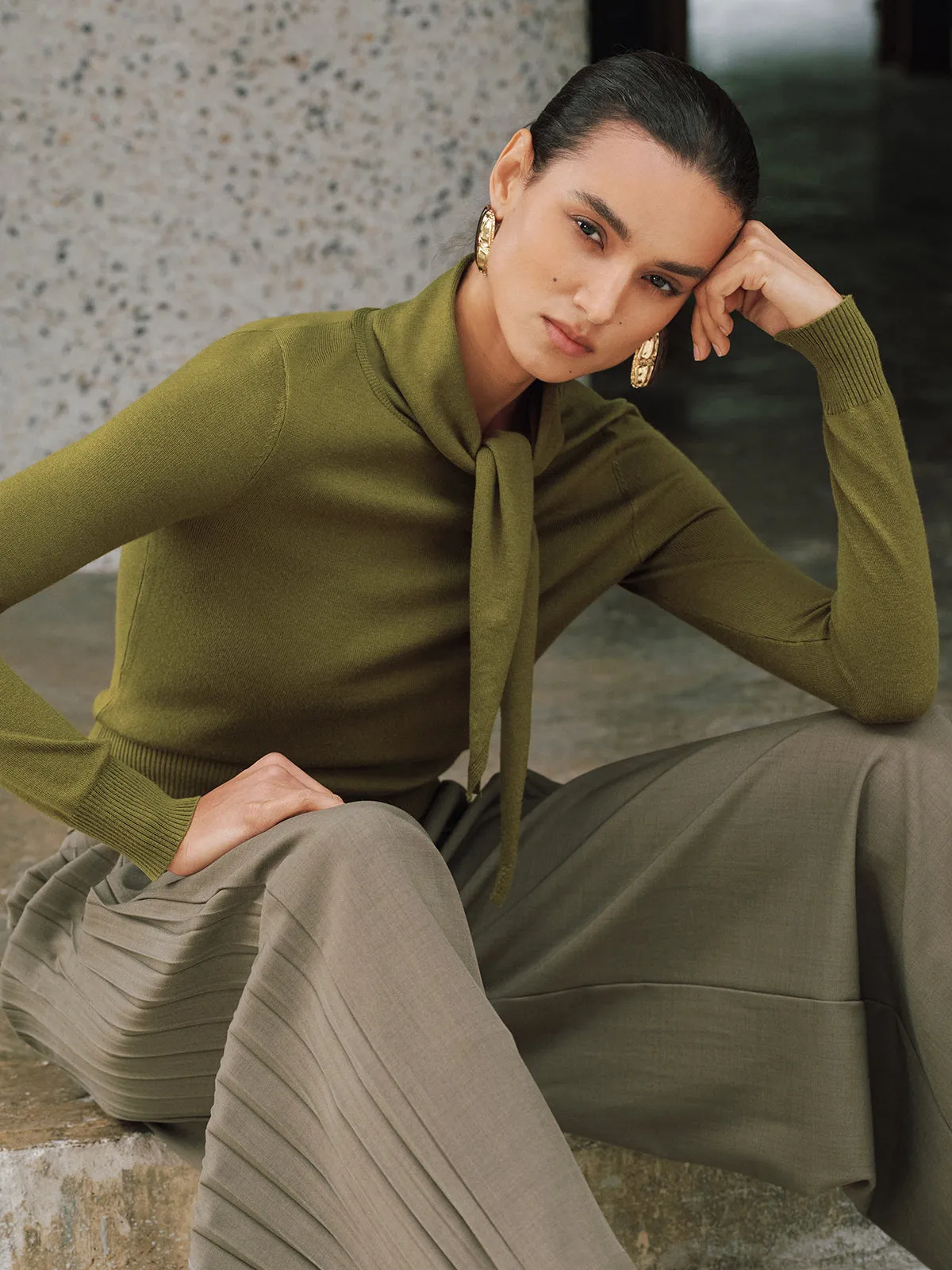 Wool-Blend Tie-Neck Fitted Knit Top sold by COMMENSE product image thumbnail 2