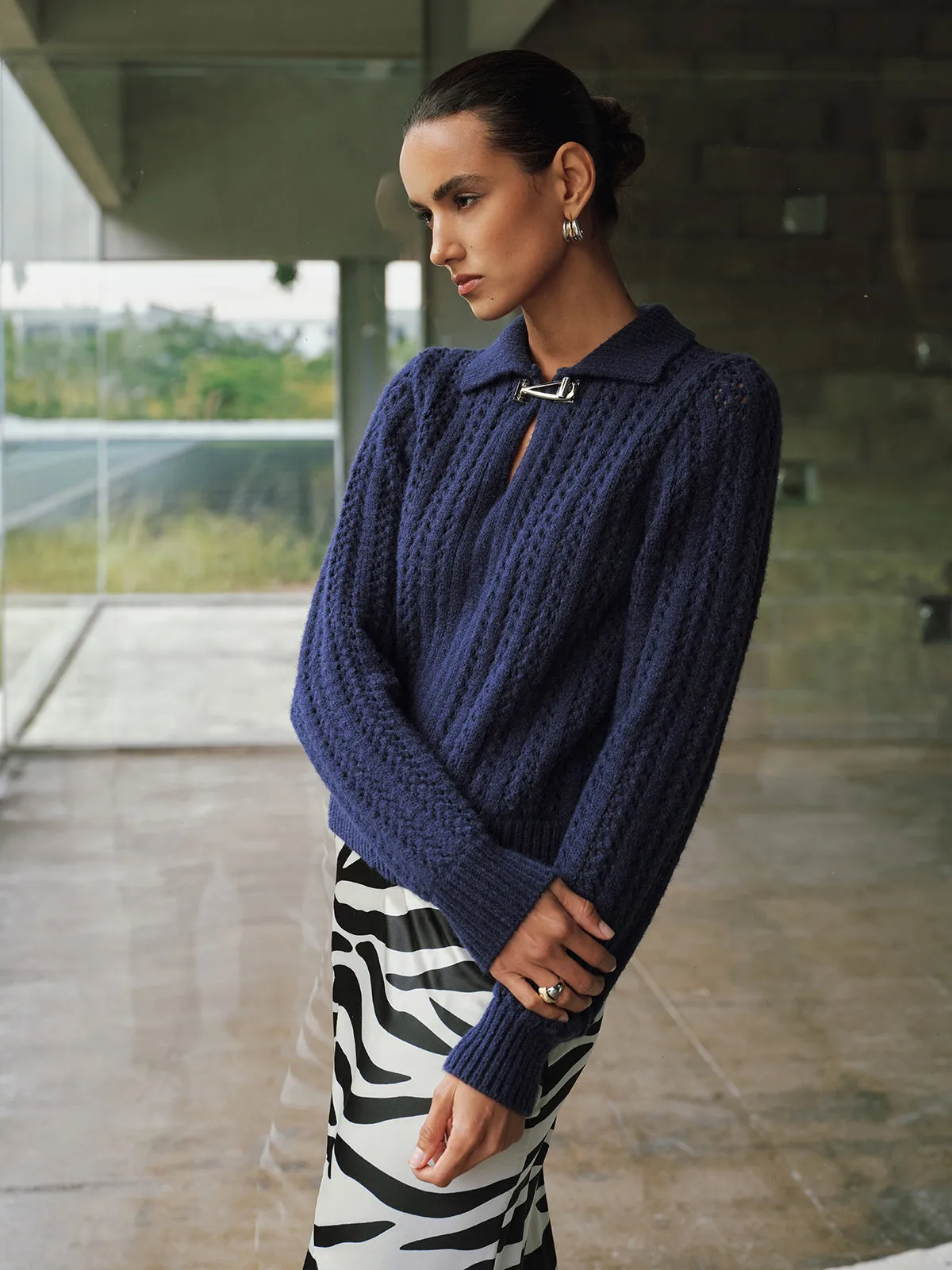 Cable-Knit Polo Collar Buckle-Detail Sweater sold by COMMENSE product image thumbnail 5