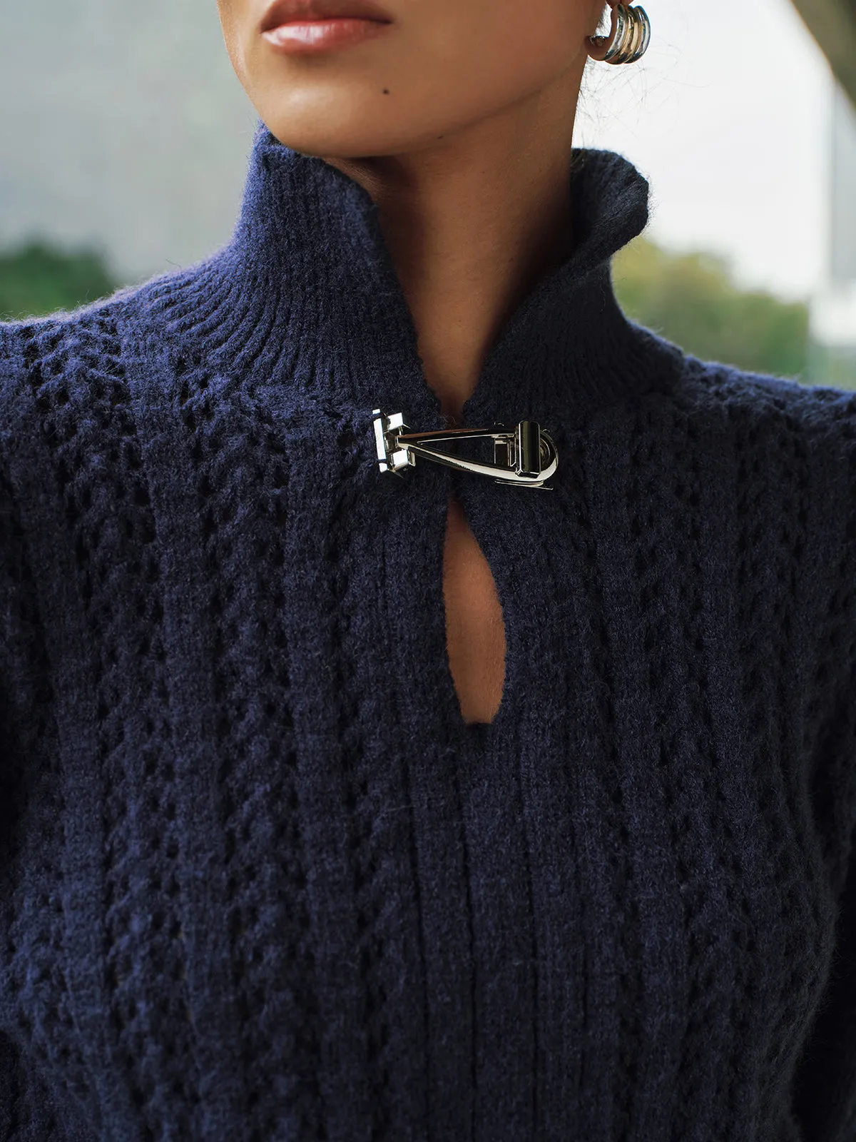 Cable-Knit Polo Collar Buckle-Detail Sweater sold by COMMENSE product image thumbnail 2