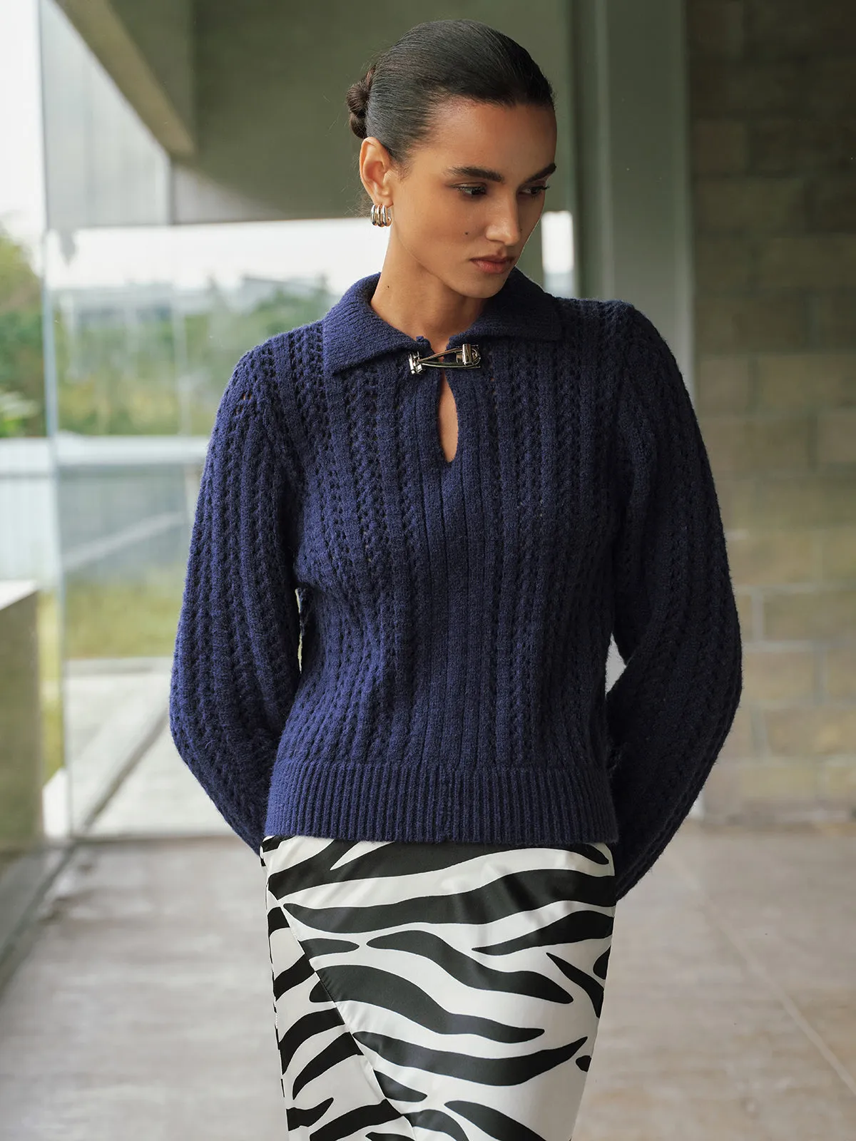 Cable-Knit Polo Collar Buckle-Detail Sweater sold by COMMENSE product image thumbnail 4