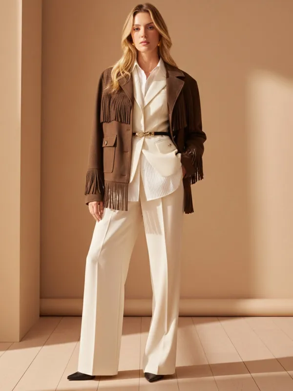 Fringe Button-Front Collared Suede Effect Jacket sold by COMMENSE