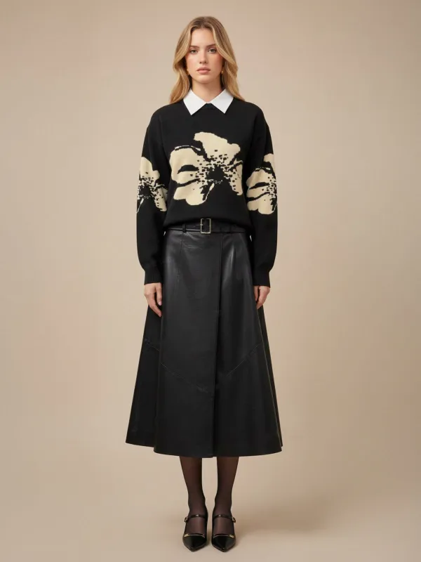 Floral Pattern Crew Neck Knit Sweater sold by COMMENSE