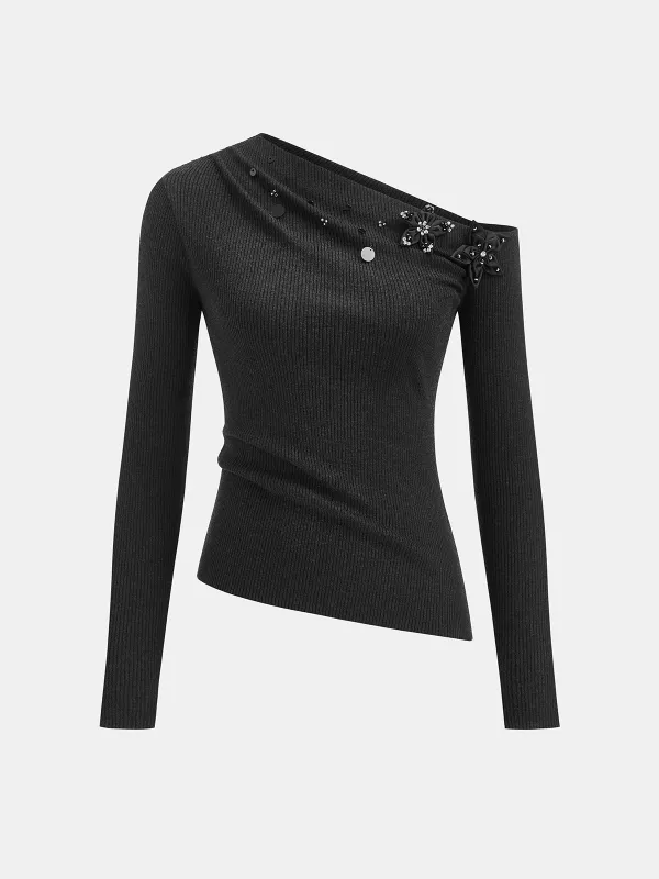One-Shoulder Wool Blend Embellished Knit Top made by COMMENSE