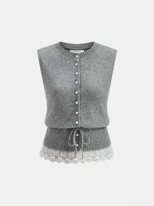 Pearl Button Tie-Waist Lace Hem Sweater Vest sold by COMMENSE