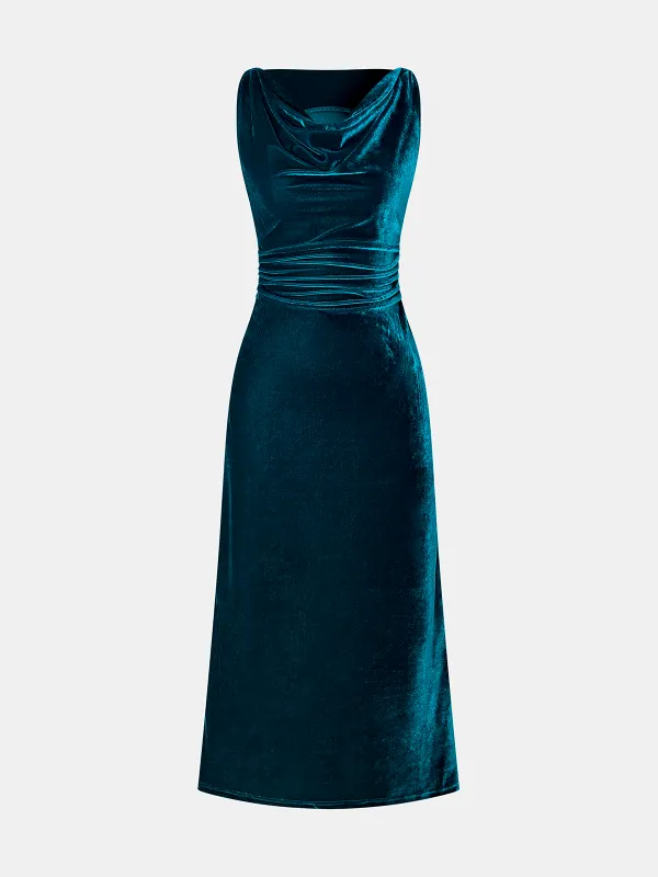 Cowl Neck Ruched Velvet Sleeveless Dress made by COMMENSE