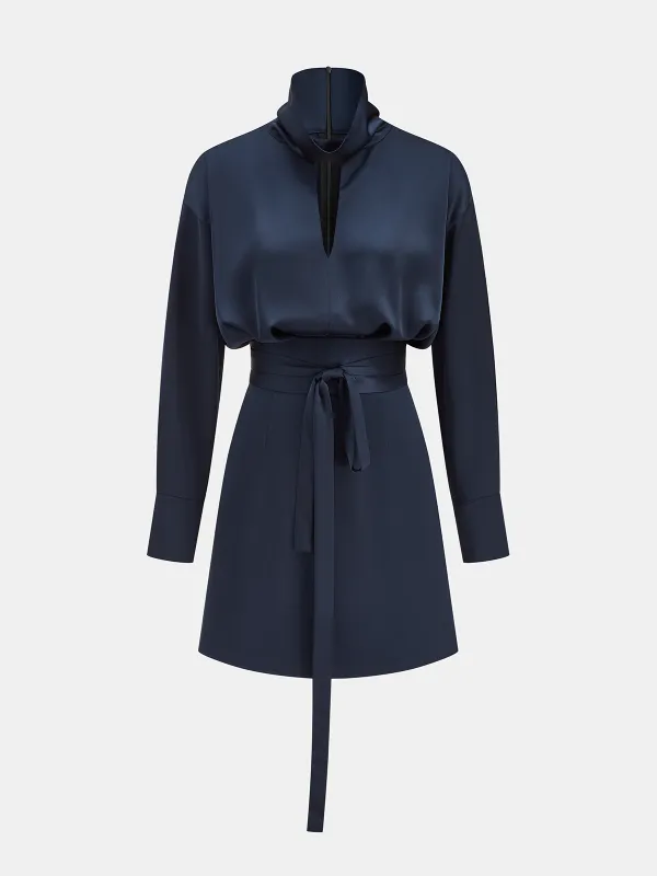 Satin Turtleneck Tie-Waist Mini Dress sold by COMMENSE