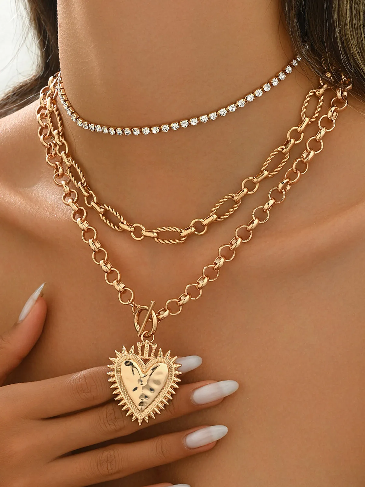 Layered Chain Heart Rhinestone Necklace sold by COMMENSE product image thumbnail 4