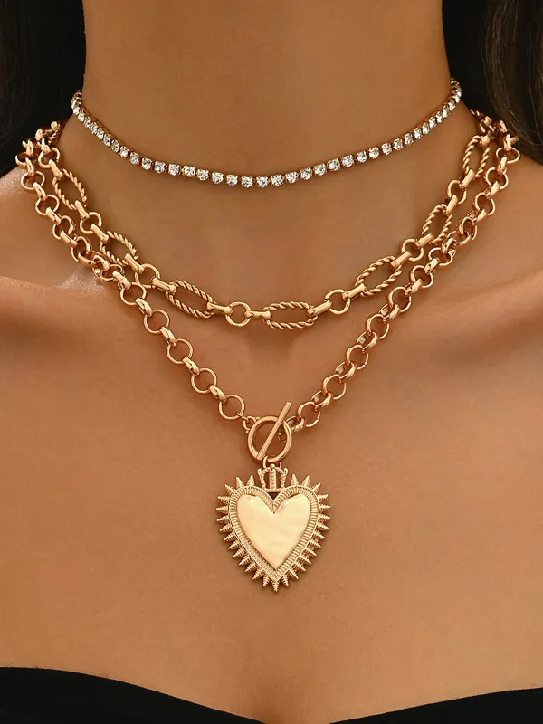Layered Chain Heart Rhinestone Necklace sold by COMMENSE
