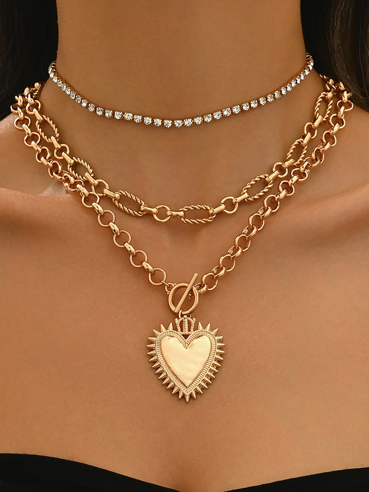 Layered Chain Heart Rhinestone Necklace sold by COMMENSE