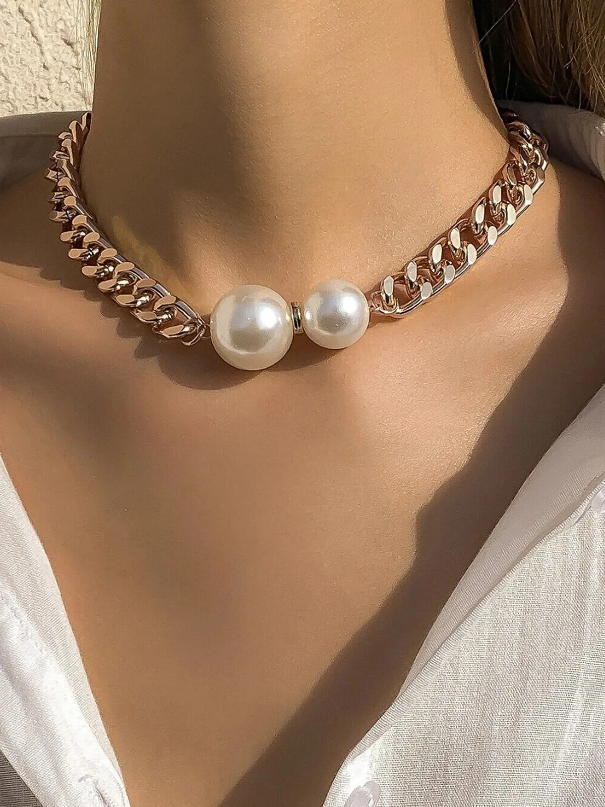 Double Pearl Chain Necklace sold by COMMENSE product image thumbnail 2