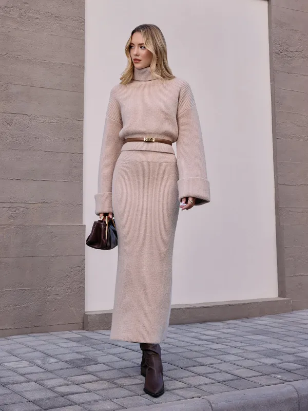 Ribbed Knit Slit Maxi Skirt sold by COMMENSE