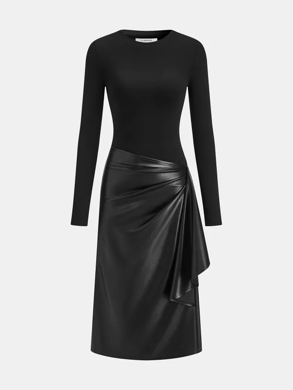 Knit & Faux Leather Panel Asymmetric Maxi Dress sold by COMMENSE