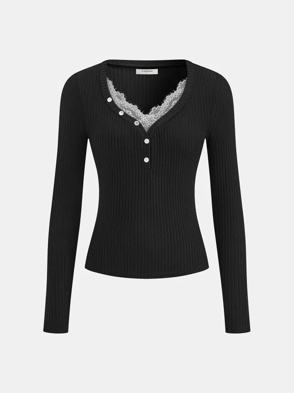 Lace Trim Henley Neck Ribbed Knit Top made by COMMENSE