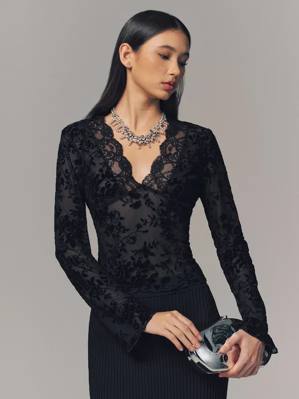 Semi-Sheer Lace V-Neck Blouse sold by COMMENSE