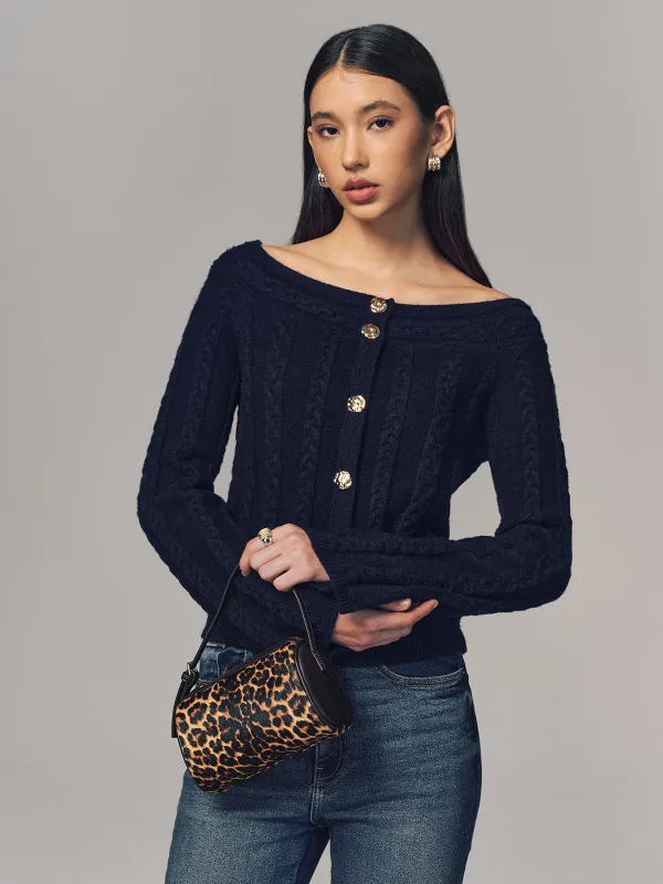 Multi-Way Cable Knit Boat Neck Metal Detail Knitted Top sold by COMMENSE